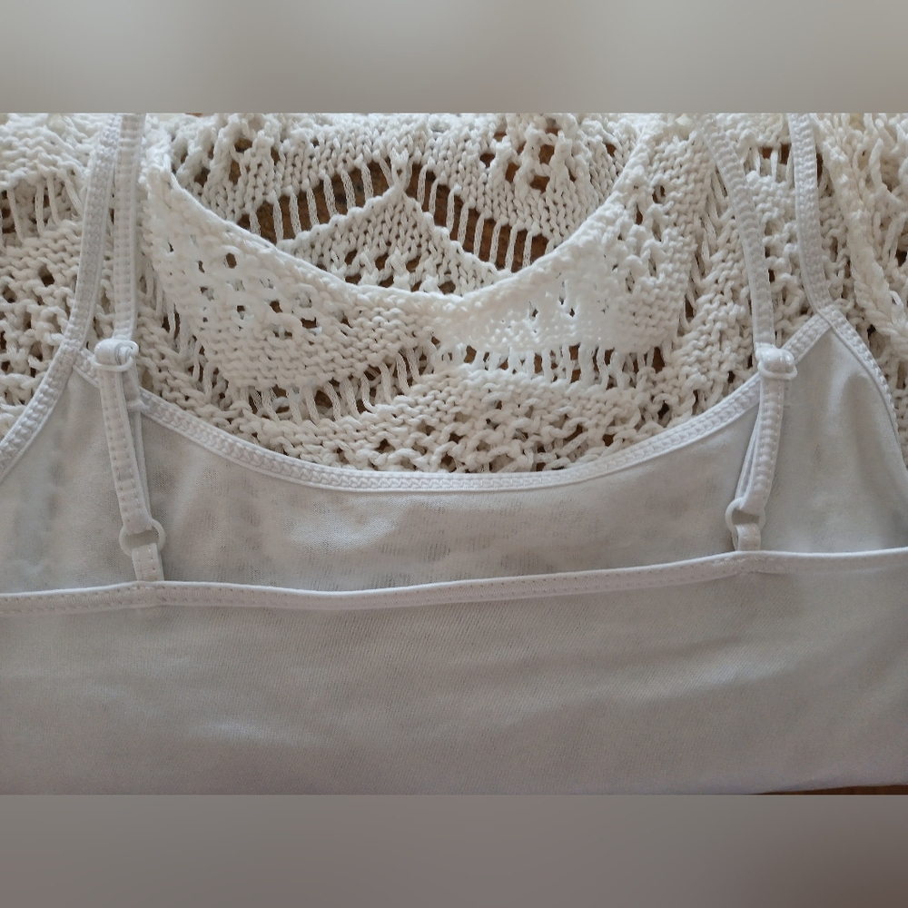 New-Crochet Poly Knit Boho Stretch-Slip Lined Cream/Off White Dress Oversized - Picture 10 of 11